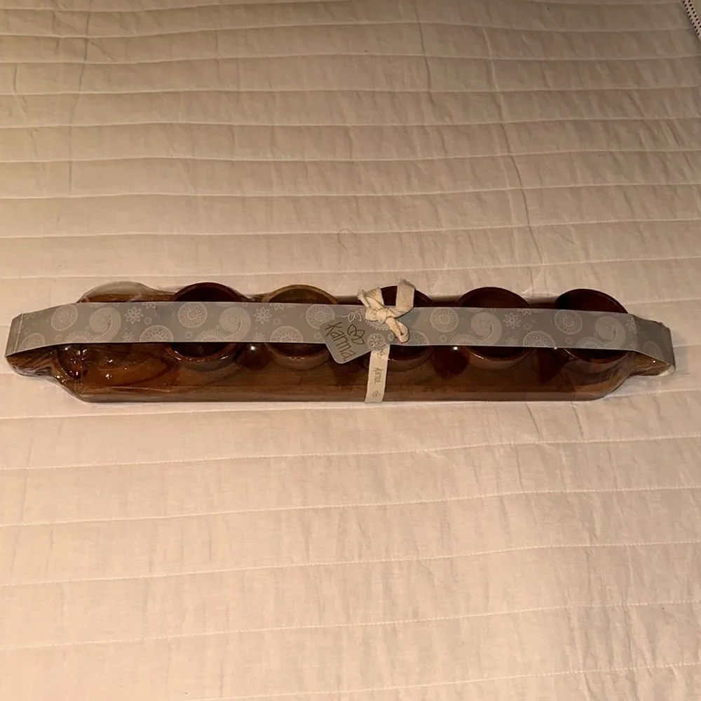 Karma Set of 5 piece Teak Wooden Condiment Dipping Bowls with a Serving Tray
